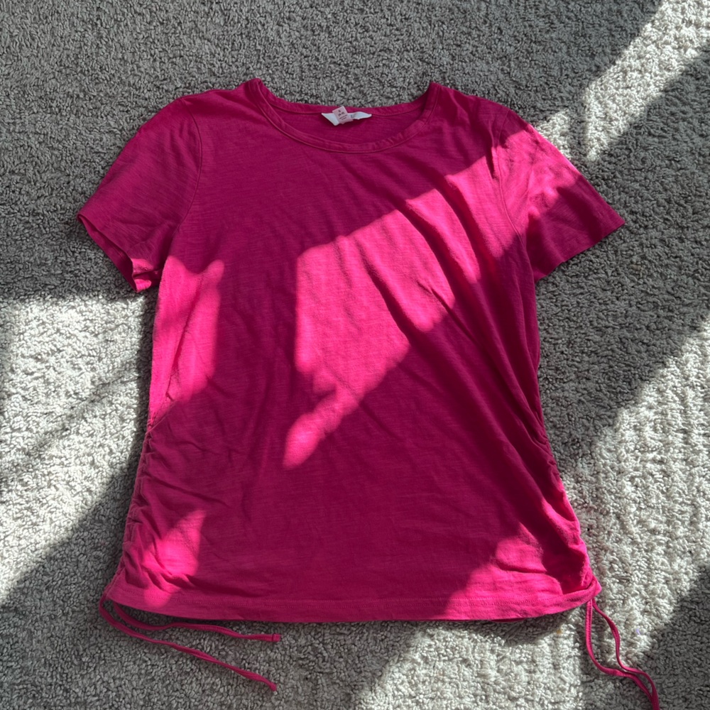 Vibrant Pink Tie Front Ruched Short Sleeve Tee
